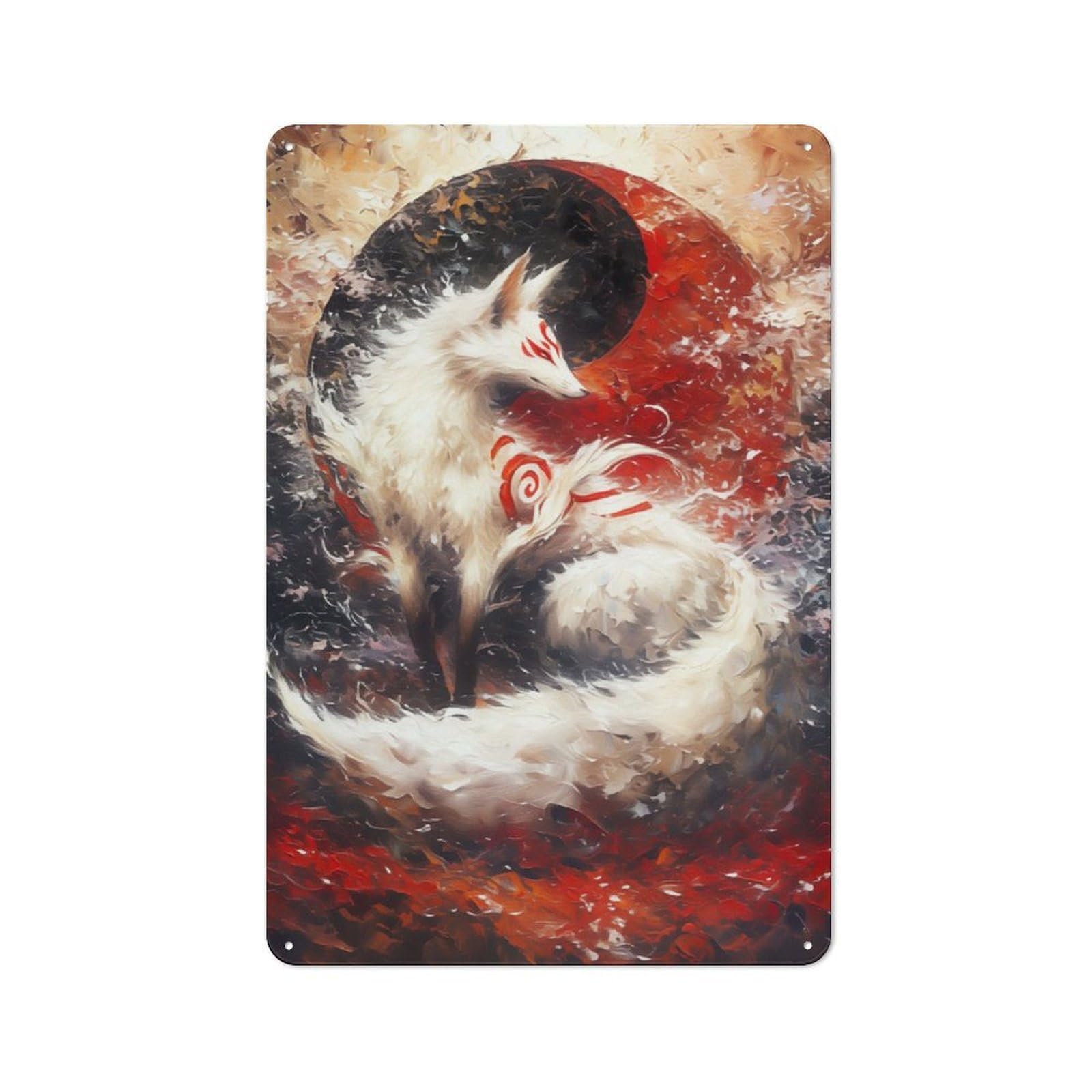 Junmoney White Kitsune Fox Yin Yang Metal Wall Sign 30X20cm, Rustic Decor For Hallway Wall, For Metal Sign Collectors, For Garage And Workshop Walls