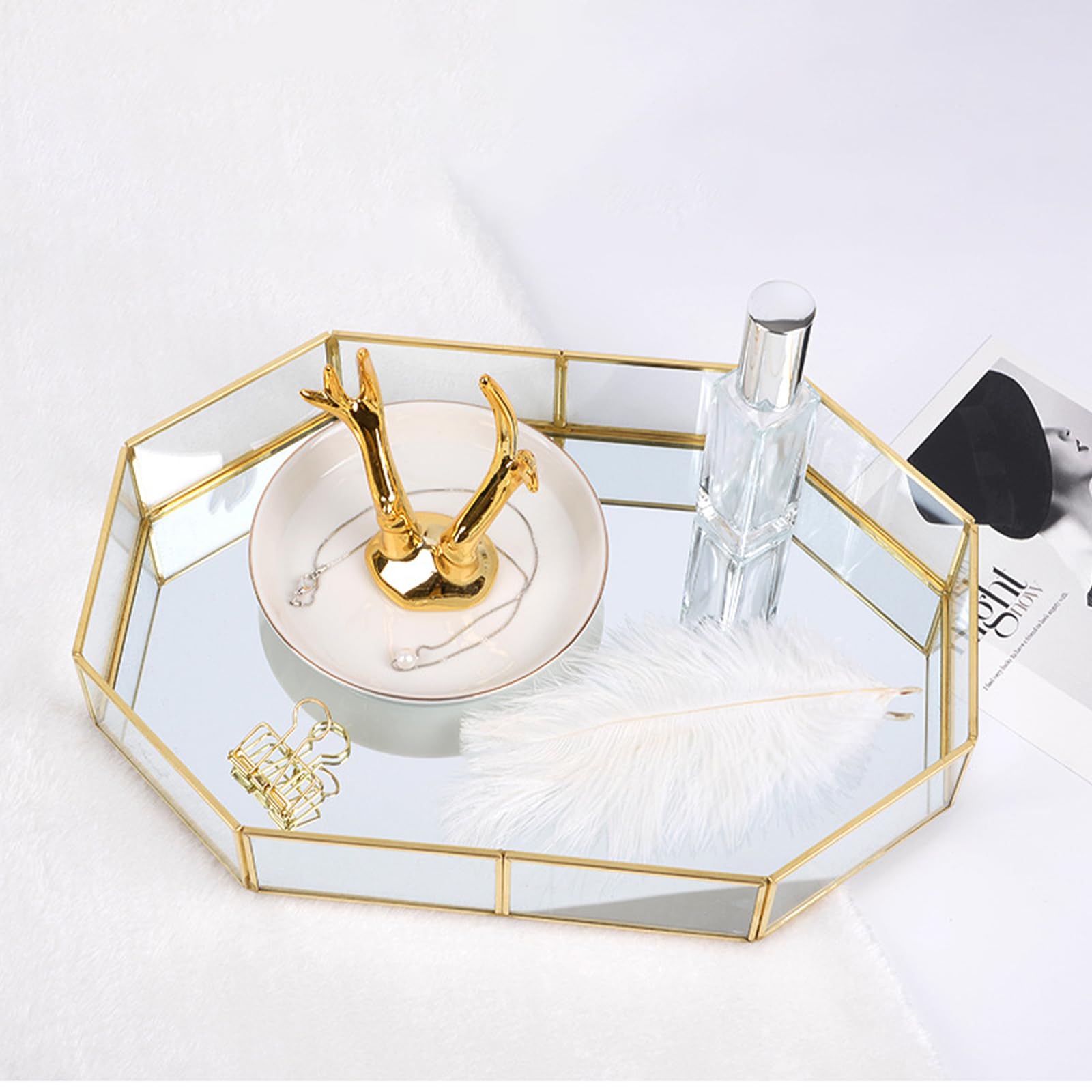 Bandeja de cristal dorado con espejo, bandeja decorativa de polígono, organizador de perfume, bandeja de maquillaje para tocador, mesa, decoración del hogar, 31,5 cm