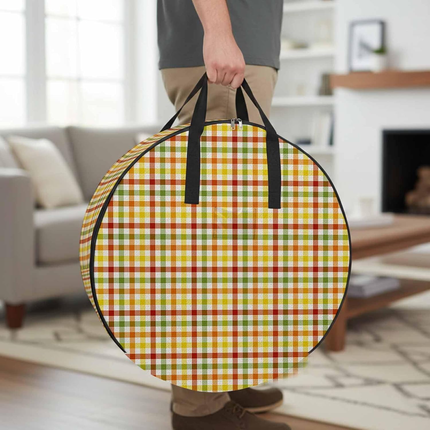 Thanksgiving Fall Round Storage Bag 36 Inch, Farmhouse Colorful Lattice Clothes Storage Container with Handles Heavy Duty Organizer for Comforter, Bedding & Holiday Wreaths