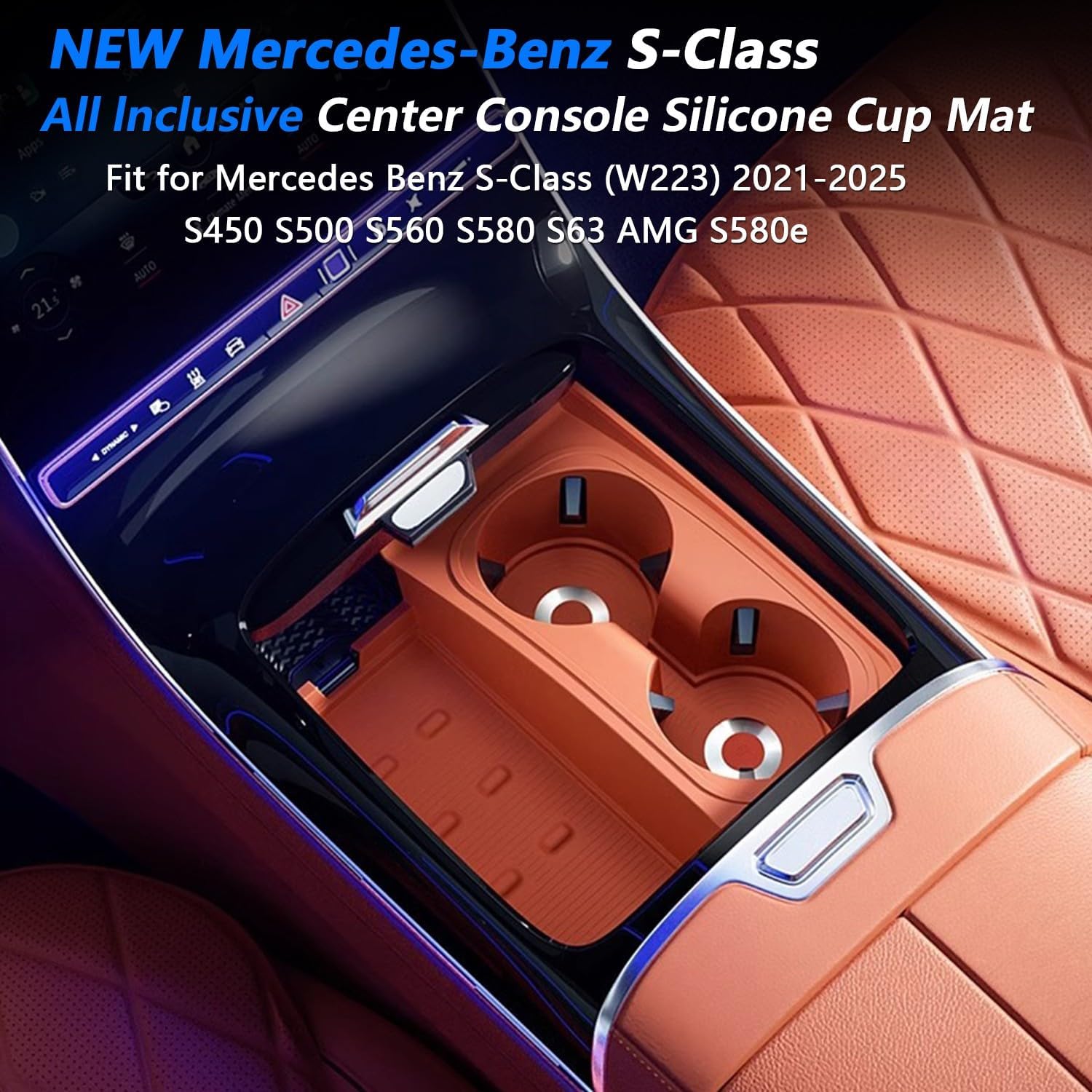 Car Cup Holder for Mercedes Benz S-Class 2021-2025 Cup Holder Silicone Insert Center Console Drink Holder Bottle Holder S450 S500 S560 S580 S63 AMG S580e Interior Accessories