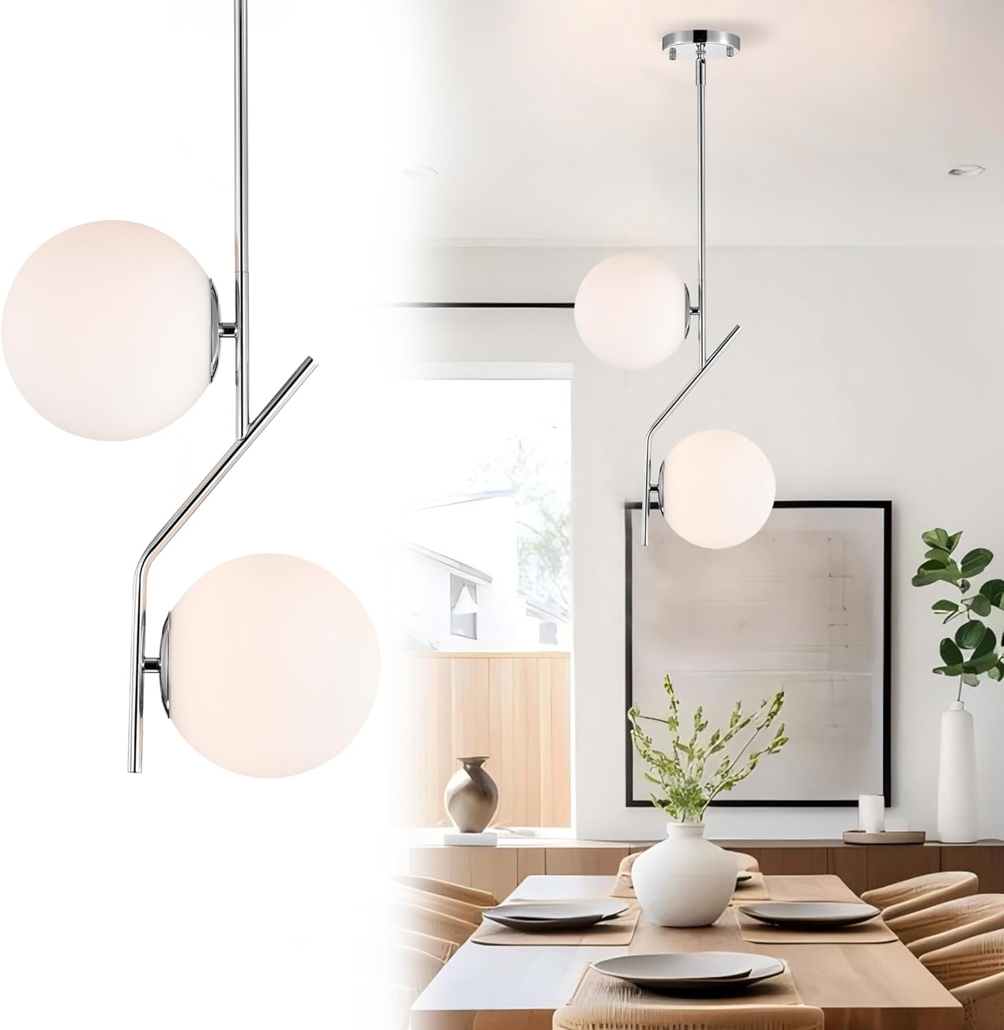 Mid Century Modern Pendant Light for Kitchen Island, 7.1 Inch Opal Glass Globe Hanging Light with Chrome Finish, Adjustable Height, E26 Base, Dining Room Ceiling Lighting