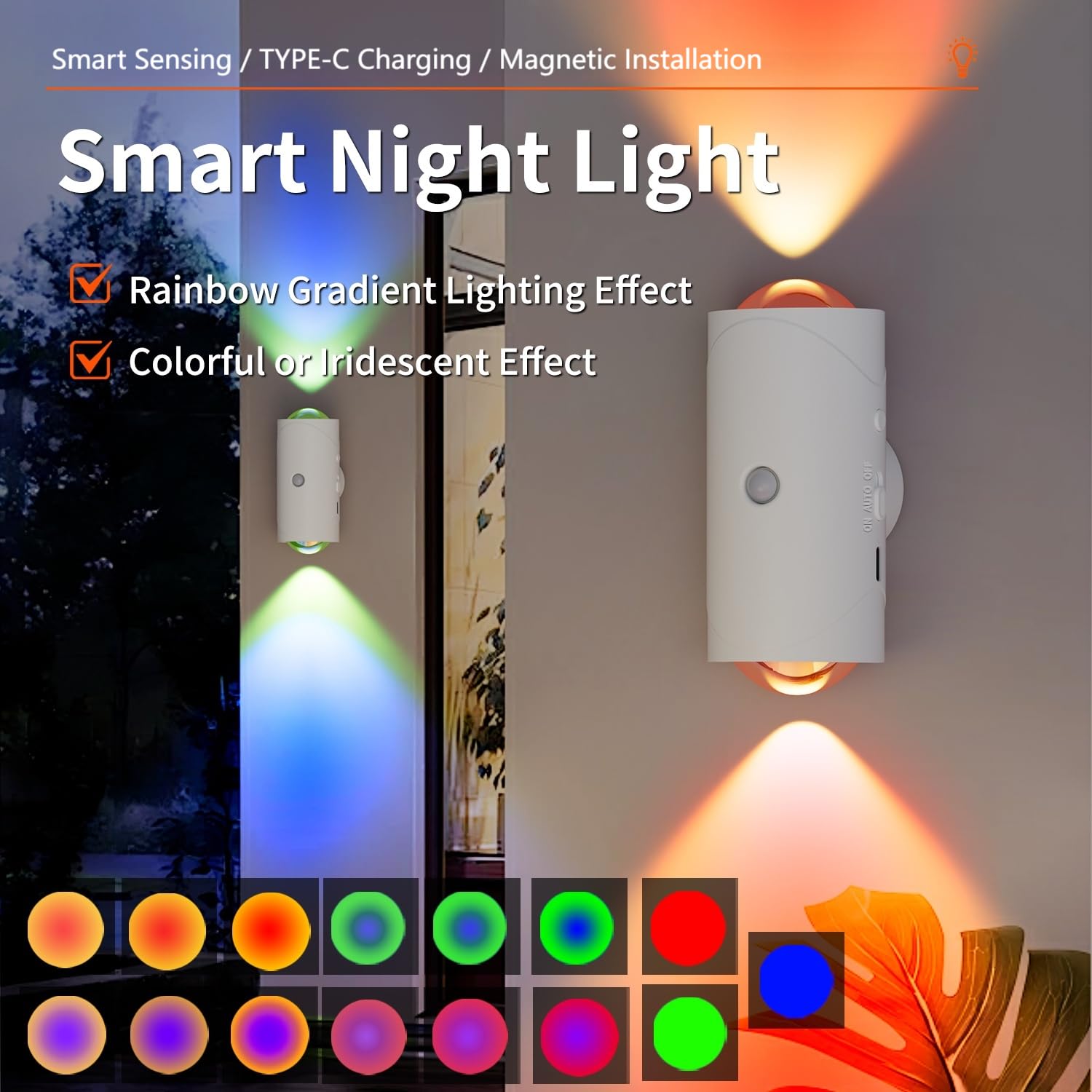 Luz nocturna con sensor de movimiento, luz con sensor de movimiento para interiores, carga USB tipo C, duración de la batería ultra larga, montaje magnético, cambio de colores neón coloridos 6