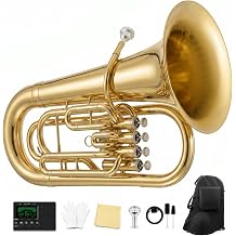 PYY Euphonium 4 Valves - Solid Brass Bb Tone 4-Valves Euphonium, Responsive Stainless Steel Pistons, Hand-Polished Lacquered Brass Finish, W/Mouthpiece, Carrying Case, For Beginner & Intermediate