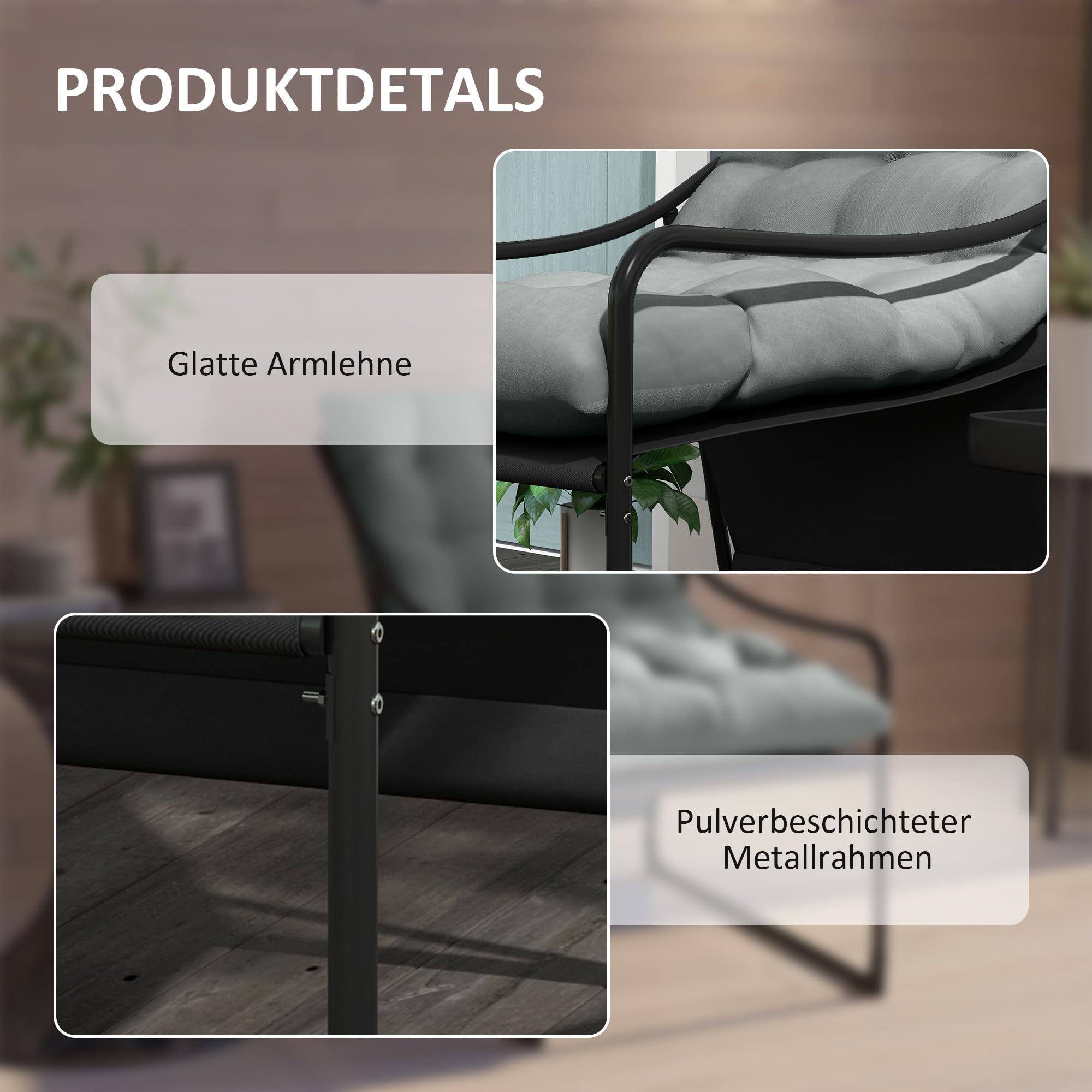 Outsunny Gartensessel mit dickem Sitzkissen mit Armlehne bis 120 kg Grau | Gartenstuhl, Garten Loungesessel, für Garten, Balkon