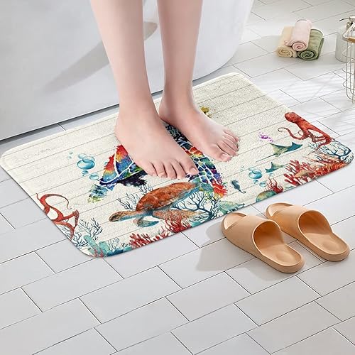 Miniatura 2 de Erosebridal Alfombras de ducha antideslizantes con diseño de tortugas marinas, lindas alfombras de baño de medusas de pulpo, coloridas alfombras de