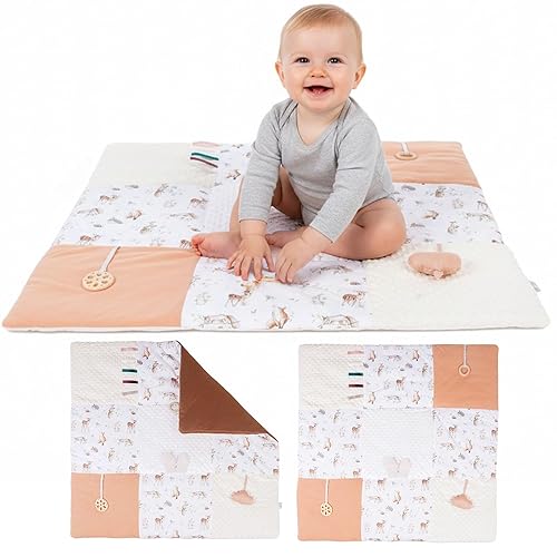 LILDUO Alfombra de juego para bebé para suelo de 43 x 43 pulgadas, área de juego suave y acolchada, no tóxica y lavable, 5 juguetes para exploración