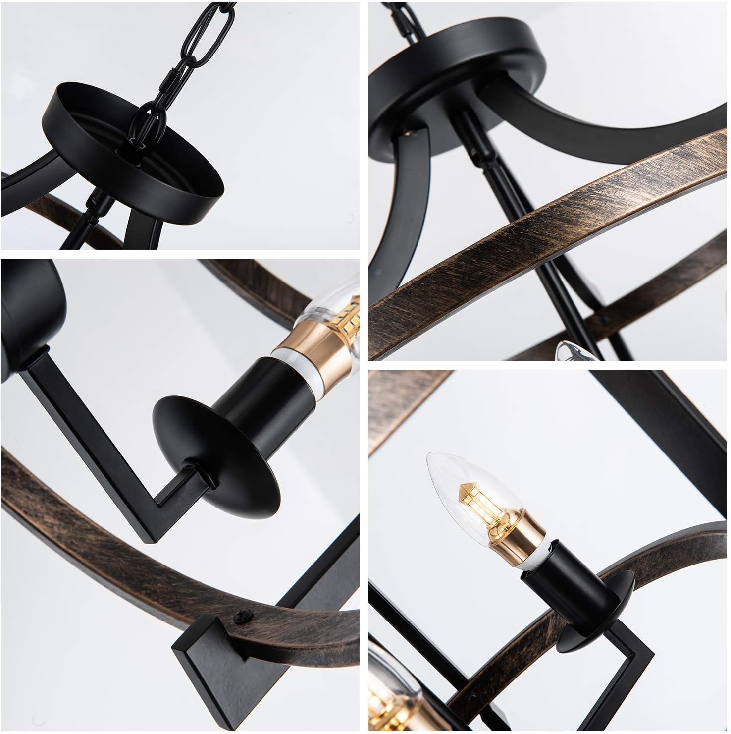 LIGHTDAMY Farmhouse Drum Pendant Light 3-Lights Vintage Kitchen Island Ceiling Light Fixture Retro Metal Adjustable Hanging Lamp, 15 Inch, Black and Wood Paint - - 