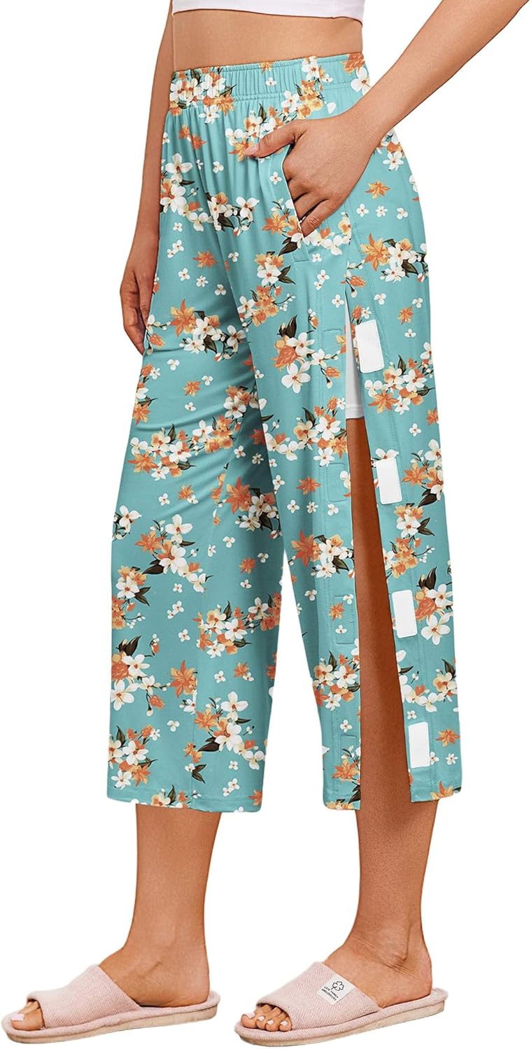 Deyeek Women's Tear Away Breakaway Capri Pants Post Surgery Recovery Hip Knee Ankle Replacement Adaptive Magic Tape Wide Leg