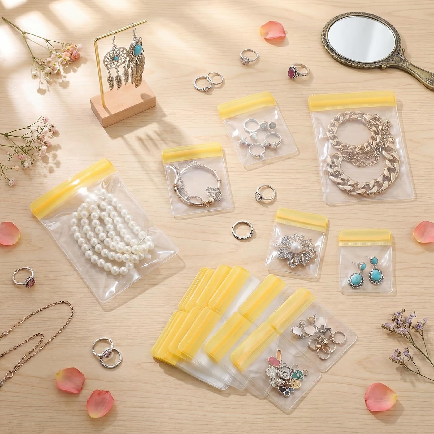 Clabby 240 Pieces Clear Plastic Jewelry Bags, 3 Sizes, Yellow