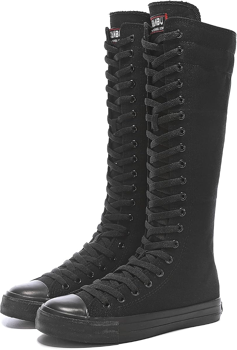 Women's Fashion Lace Up Knee High Canvas Zip Boots Girls Fancy School Shoes
