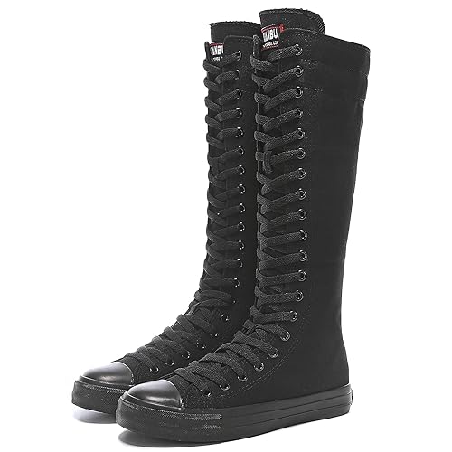Momuk Women's Fashion Lace Up Knee High Canvas Zip Boots Girls Fancy School Shoes - 8 - Black
