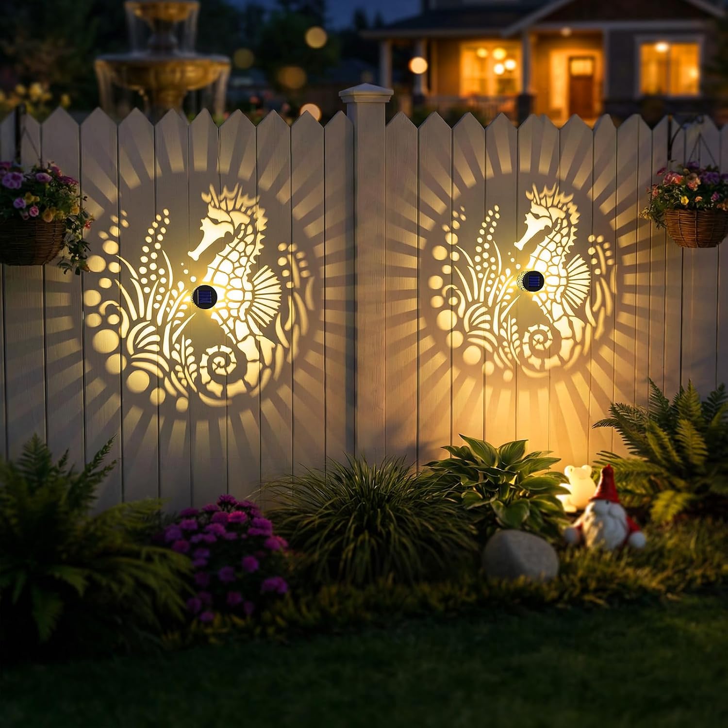 2 Pack Solar Fence Lights Outdoor Wall Lights Metal Solar Powered Deck Step Stair Lights Seahorse Theme Waterproof Fence Solar Light for Garden Post Patio Yard Decor, Gardening Gifts for Women Mom