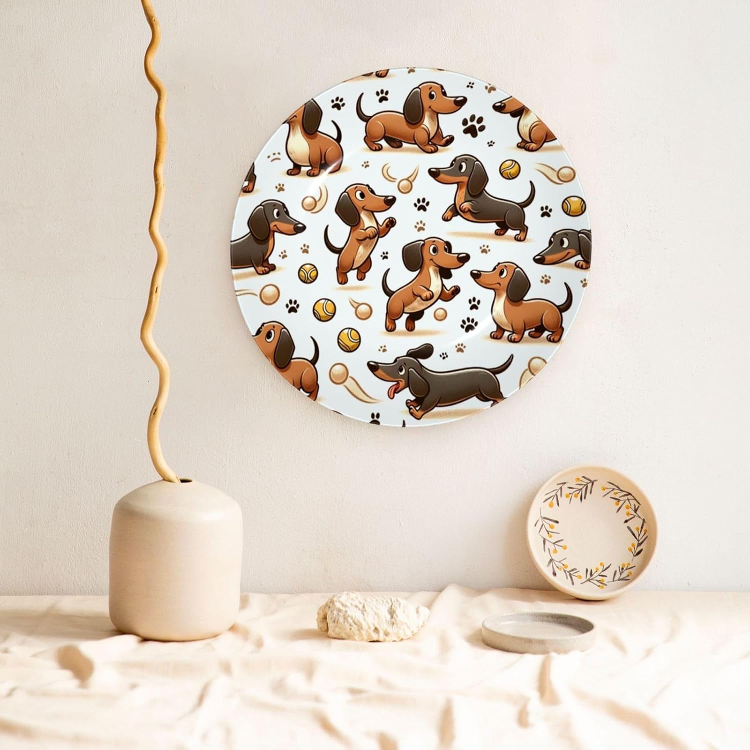 Dachshund-Happy-Playtime 10 Inch Decorative Plate With Stand, Elegant Display Wall Plate For Home Decor