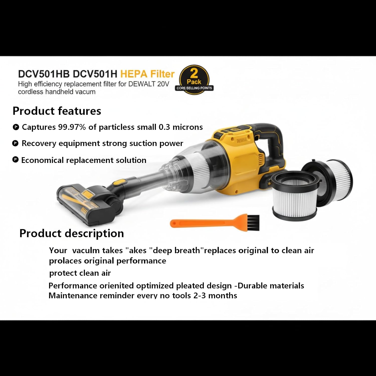 DCV501HB DCV5011H HEPA Filter Replacement Compatible with DEWALT DCV501HB 20V Vacuum Cordless Handheld Vacuum, 2 packs of vacuum filters and 1 brush