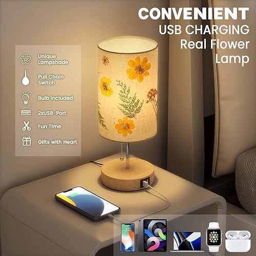 Miniatura 4 de LUMIMAN Lámpara de mesa pequeña con puertos de carga USB-A, pantalla de flores prensadas junto a la lámpara, base de madera, bonita lámpara de