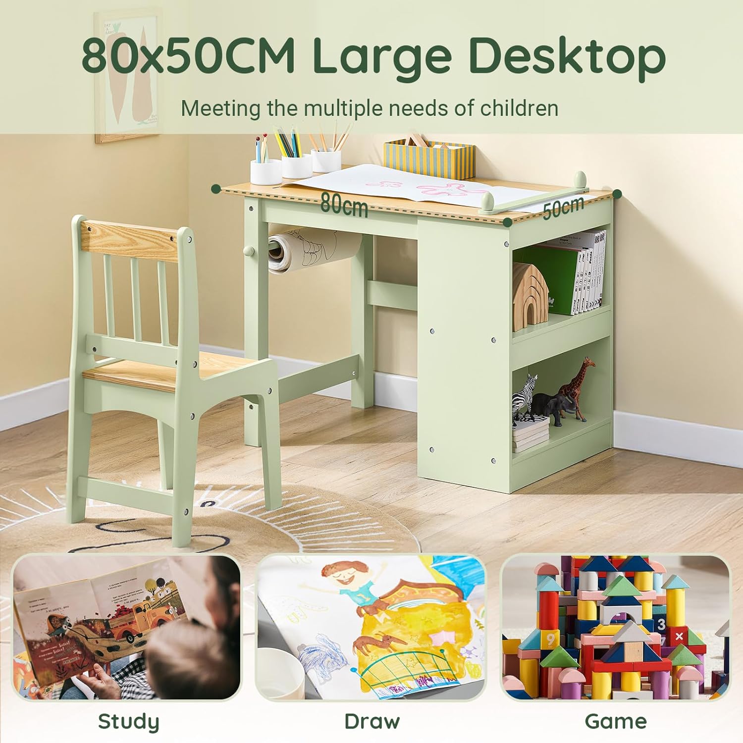 Haotian Kids Craft Table and Chair Set with Paper Roller, Paint Cups & Storage Shelves, 2 in 1 Wooden Art Desk for Drawing Painting Writing, Green KMB60-GR
