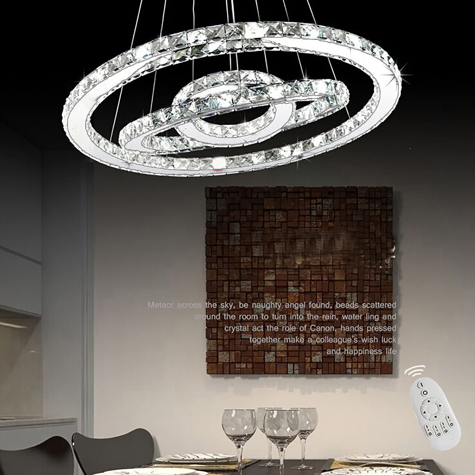 UISEBRT Lampa wisząca LED, 96 W, kryształowa – nowoczesna, kreatywna, z regulacją wysokości, żyrandol sufitowy, trzy pierścienie, do jadalni, sypialni, salonu, zimna biel