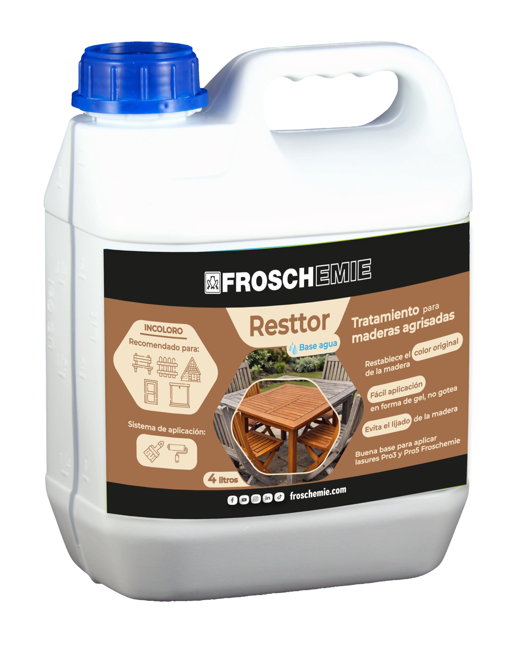 Restaurador de Madera Agrisada por el Sol - 4 L – Recupera el Color Natural sin Lijar – Gel Activo Base Agua – Tratamiento para Madera Exterior Antes de Lasur - Resttor FROSCHEMIE