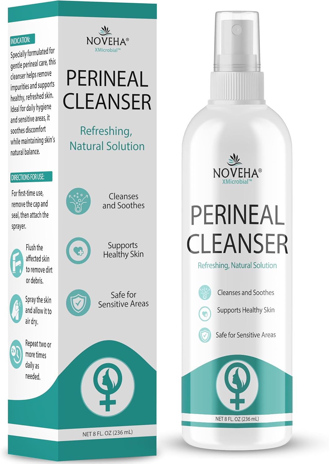 Noveha Perineal Spray & Cleanser | No-Rinse Formula for Daily Hygiene & Odor Control | Gentle Care for Postpartum, Seniors & Sensitive Areas | 8oz