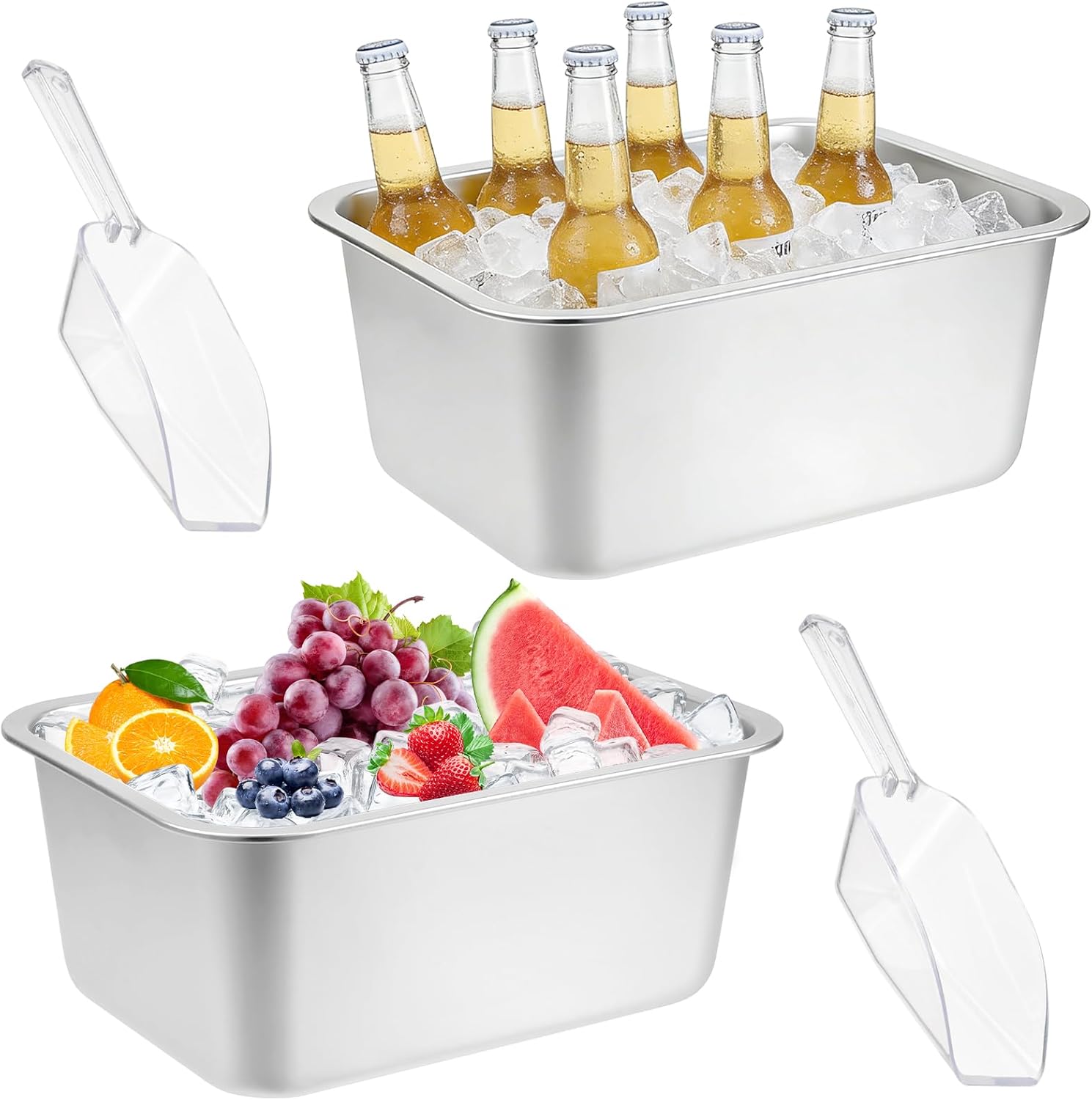 2 Pack Large Strainless Steel Beverage Tub with 2 Ice Scoops, Beer Ice Bucket Drink Cooler Beer Champagne Bucket Drink Chiller Tub Ice Cube Bin for Freezer Cocktails Wine Cooling Mimosa Bar Supplies