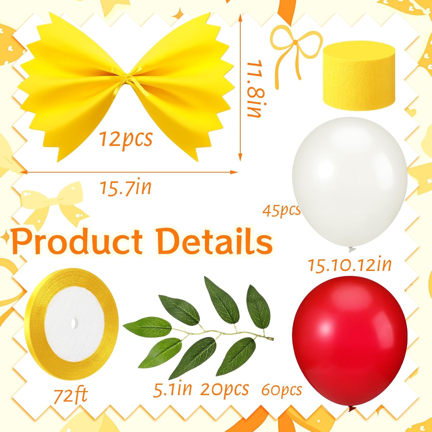 138 Pcs Pasta Party Decorations Italian Party Decorations Red and White Balloon Garland Arch Kit with Yellow DIY Spaghetti Craft for Pasta Pizza Theme Baby Shower Birthday Supplies