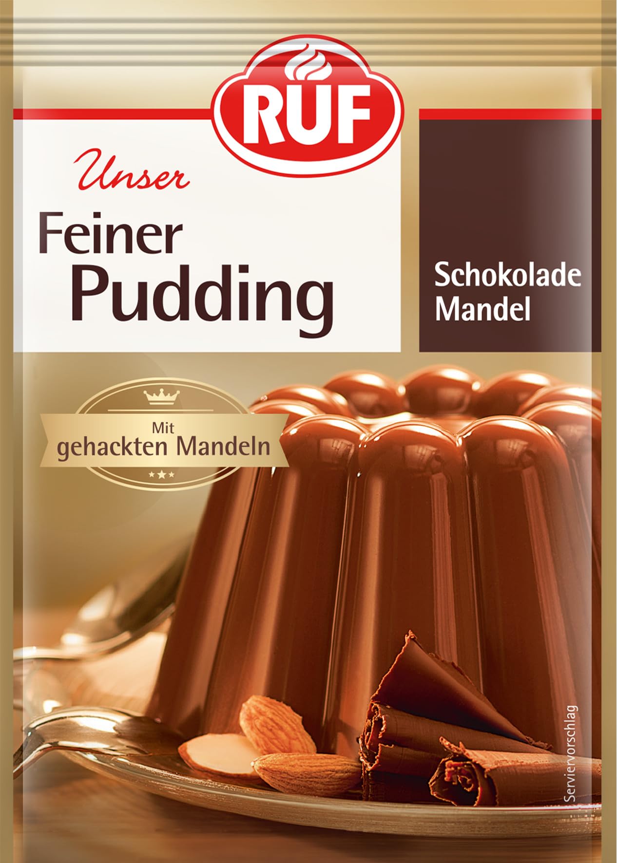 RUF Feiner Pudding Schokolade-Mandel, extra schokoladig und mit gehackten Mandeln, glutenfrei und vegan, nur mit Milch und Zucker aufkochen, 3x50g