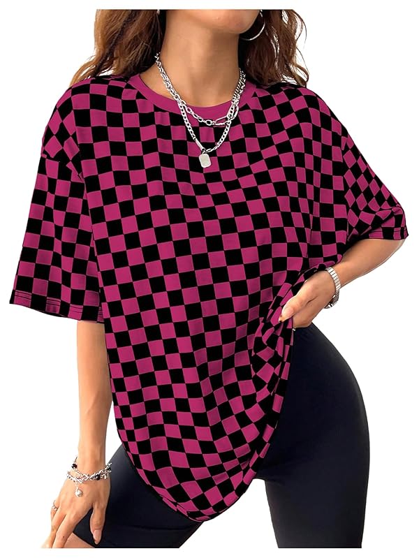 Milumia Women's Checkered Crew Neck Short Sleeve T Shirt Loose Fit Street Tops Red and Black Small by Milumia - Used condition - US$8.30