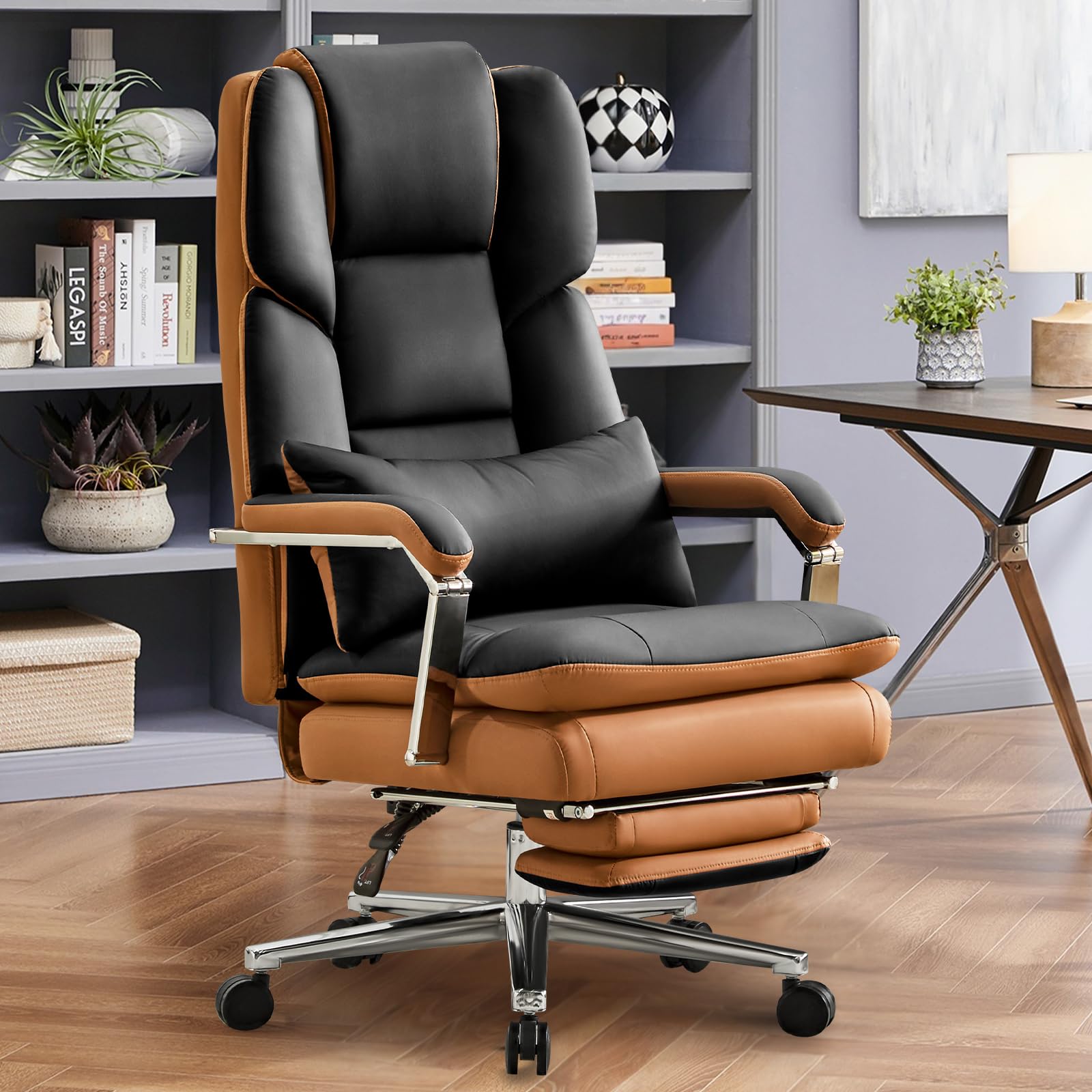 Bürostuhl Ergonomisch, PU Leder Chefsessel 200kg, Bürostuhl mit Fußstütze und Lendenwirbelstütze, Home Office Stuhl mit hoher Rückenlehne, Schwarz