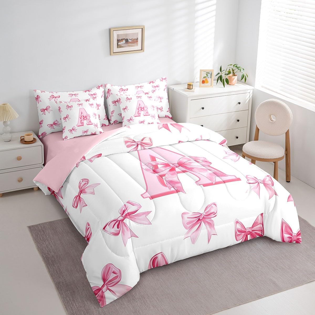 Erosebridal Initial Letter A Full Comforter Set 7 Piece Pink Bow Girls Bedding Set Kawaii Girly Bowknot Bed in A Bag with Sheets Princess Style Romantic Bow Bed Set for Kids Teen Women - Image 3
