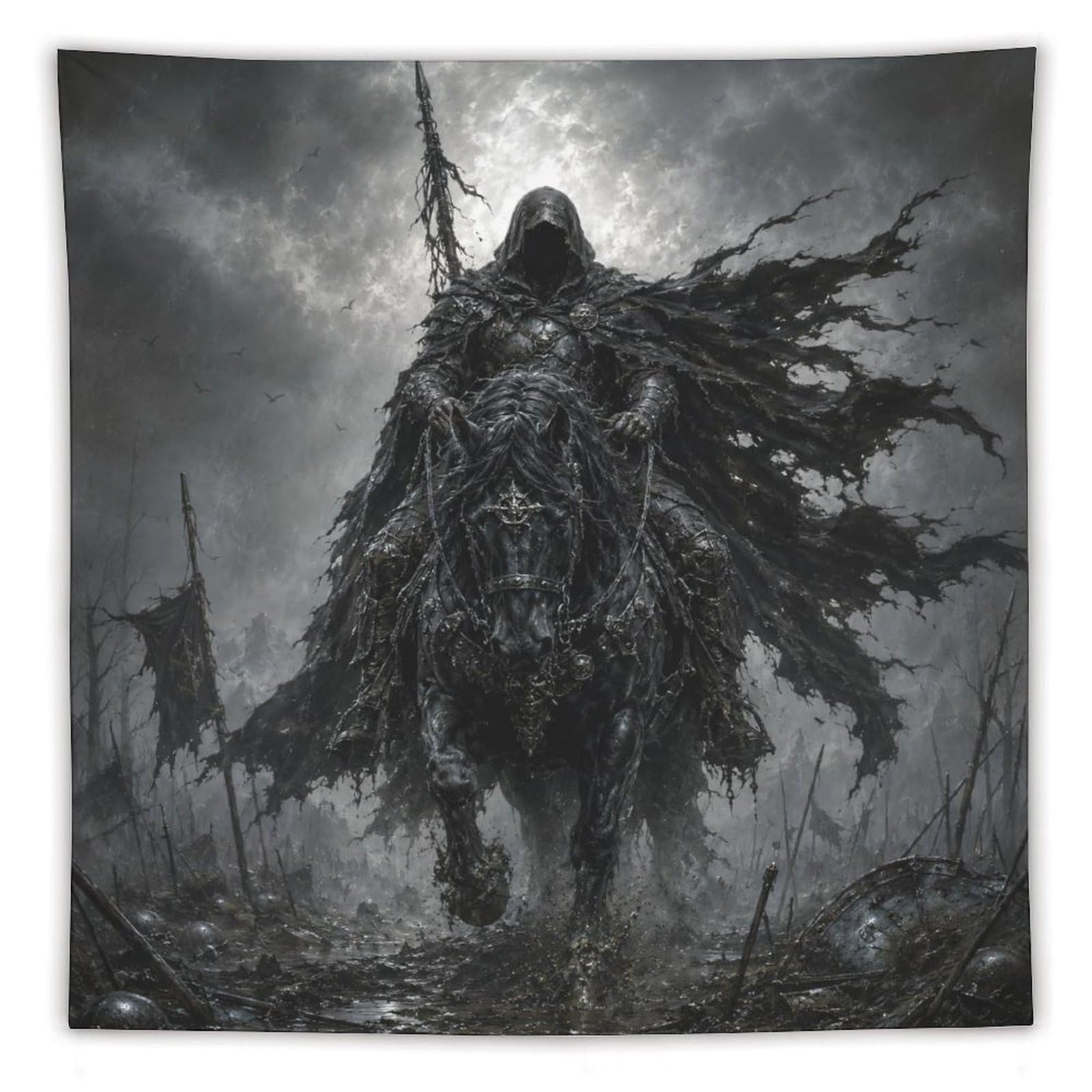 W7C8U2X3 Black Armored Horseman Wall Tapestry, Dark Horse Rider