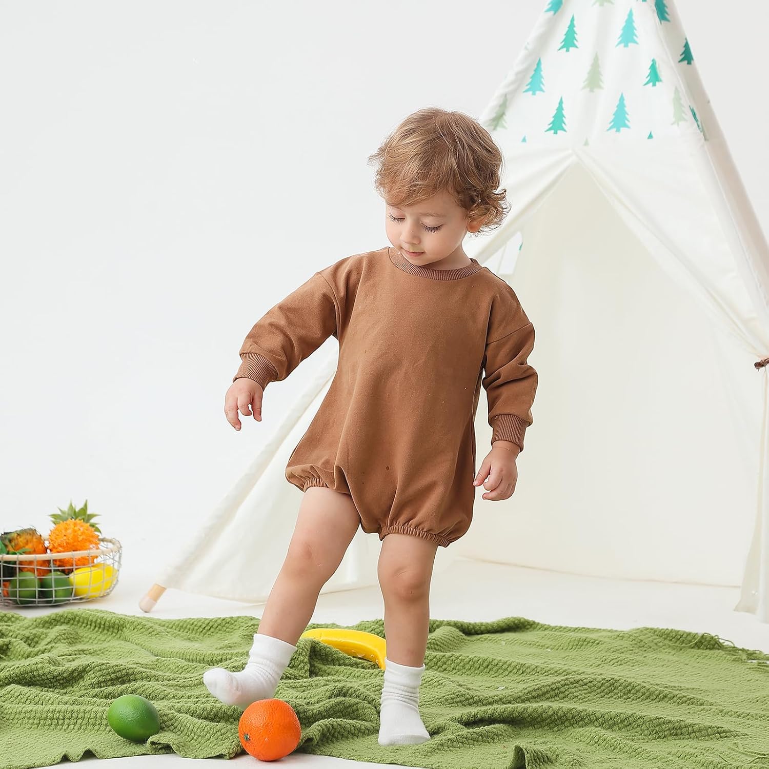 Bafeicao Baby Boy Girl Sweatshirt Romper Organic Cotton Solid Color Long Sleeve Bubble Romper Oversized Warm Fall Winter Apricot 6-12 Months image 7 of 7 B0F9WR188X