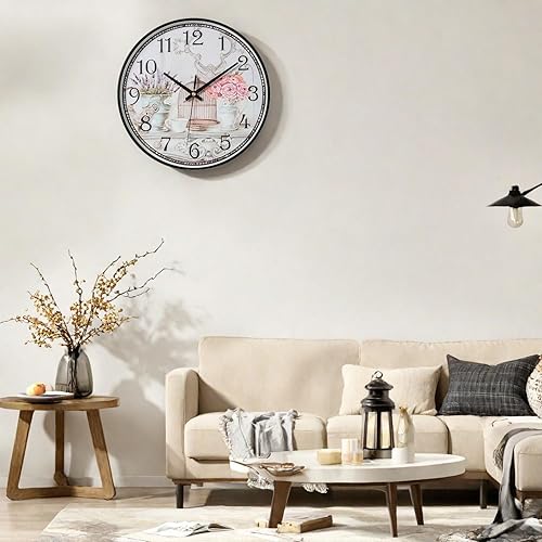 Miniatura 6 de MOVEBEST Reloj de pared retro de 12 pulgadas redondo de cristal silencioso sin garrapatas flor rosa patrón decorativo sala de estar reloj de pared