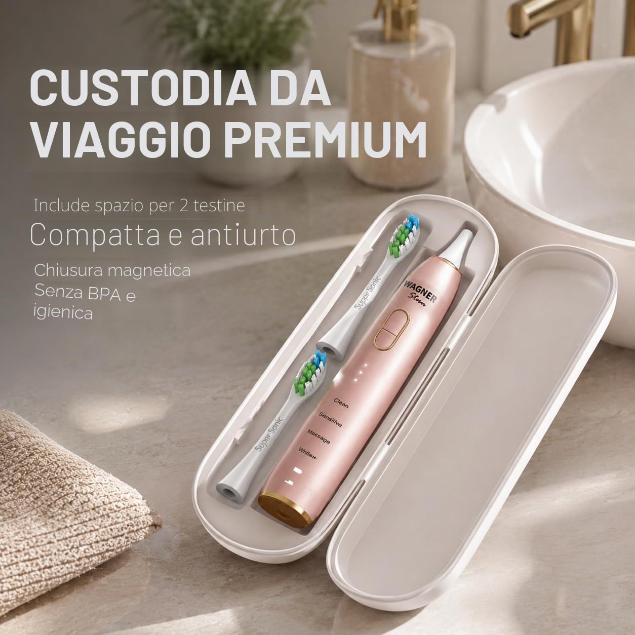 Wagner Stern IntelliBrush Series - Spazzolino elettrico sbiancante con sensore di pressione, 4 modalità di spazzolatura, 3 intensità, 8 testine morbide e una custodia da viaggio di lusso.