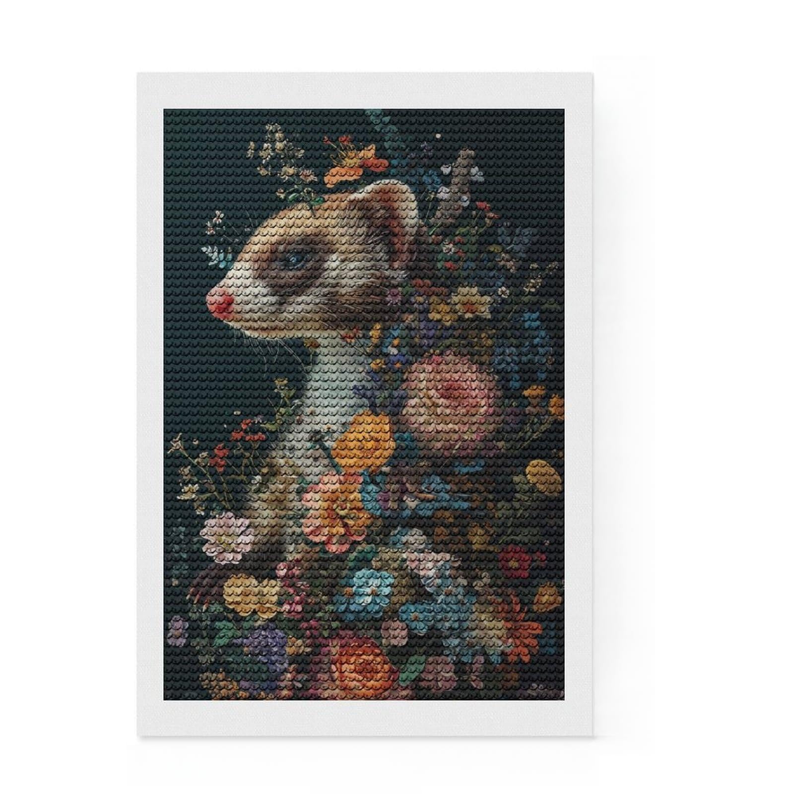 Junmoney Floral Ferret Diamond Art Canvas 8"x12", Easy to Follow Symbols, Easy Handmade Project, Boho Decor, Holiday Gift Idea