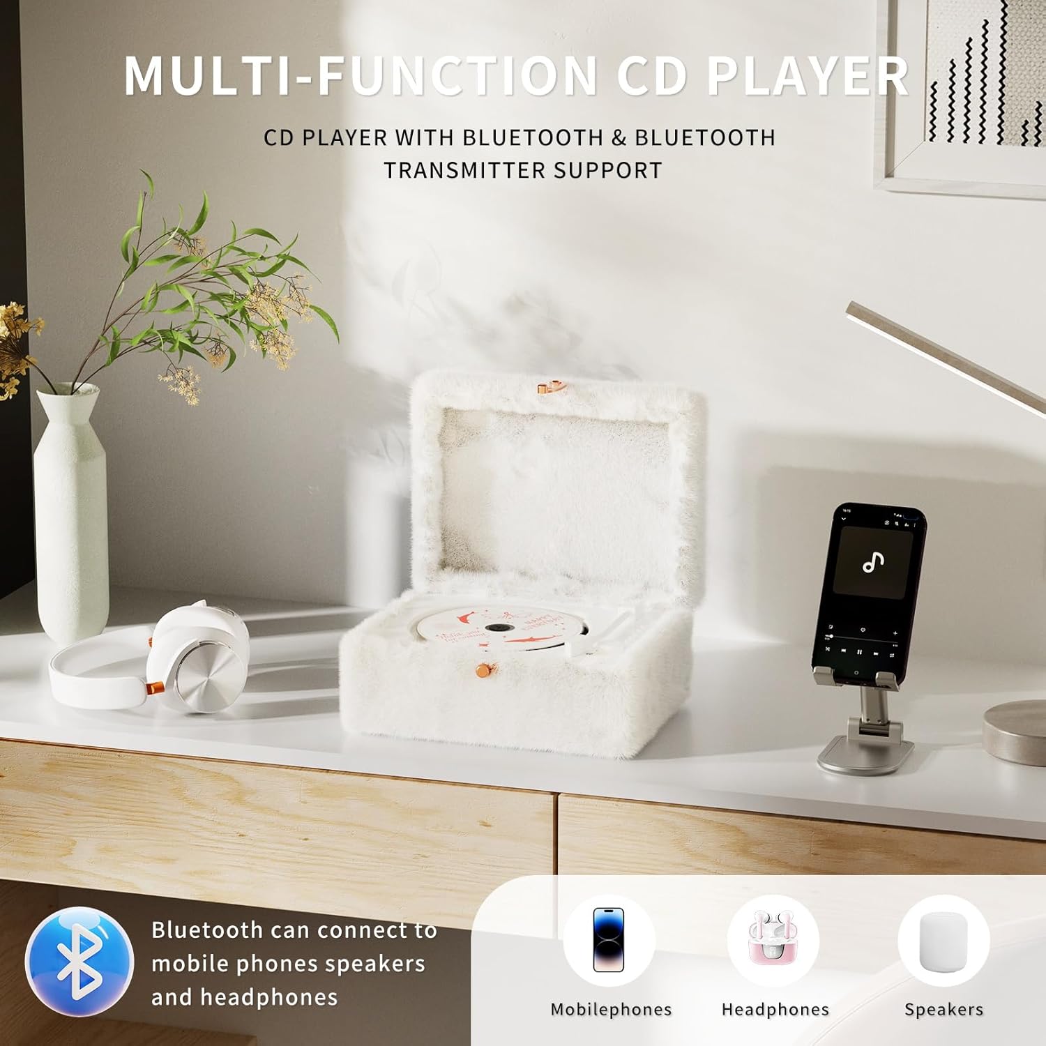 Plush White CD Player with Bluetooth, Wireless Remote Control, Supports CD Playback and Bluetooth Streaming