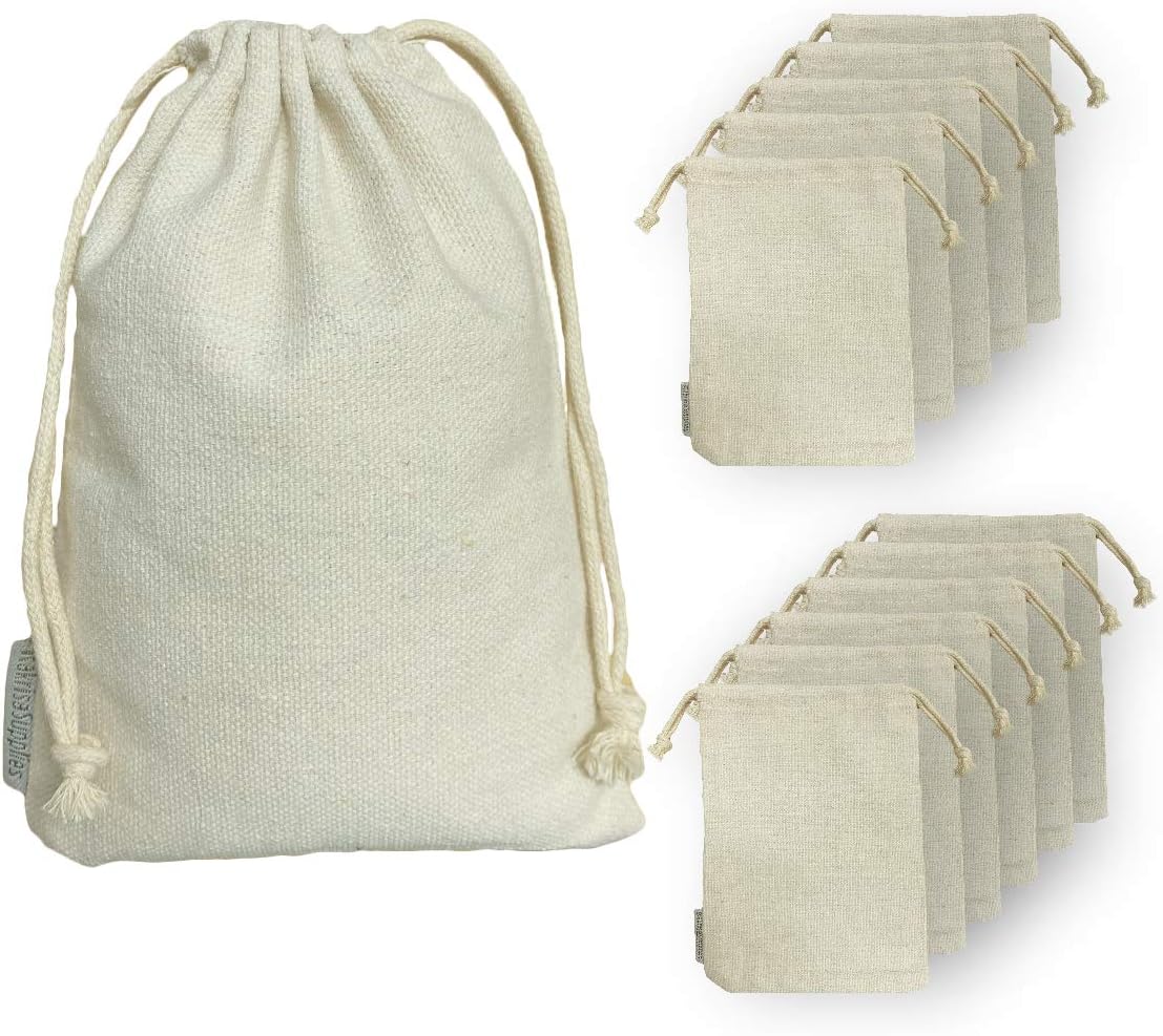12 Pcs Heavy Duty Reusable Canvas Cotton Muslin Drawstring Bags | Large Rectangular 8x10 inch | Perfect for Organizing, Storage, Crafts, Food, Travel, Clothing, Toys