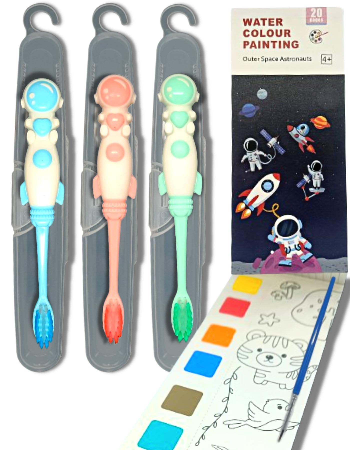 BigBro Kids Toothbrush Extra Soft Bristles with Toothbrush Case Cover Cartoon Astronaut Shape Toothbrushes for Children Age 2+(Pack of 3 plus 1pc 20 sheet Watercolour painting book) (B0CRHN1HDL) Amazon Price History, Amazon Price Tracker
