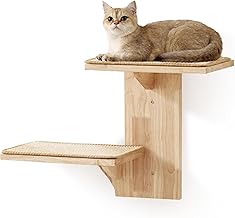 FUKUMARU Cat Wall Furniture with 2 Platforms, Made of Solid Rubber Wood, 16 Inch, Wall Mounted with Sisal Mat, Wall Shelves for Climbing, Playing and Scratching