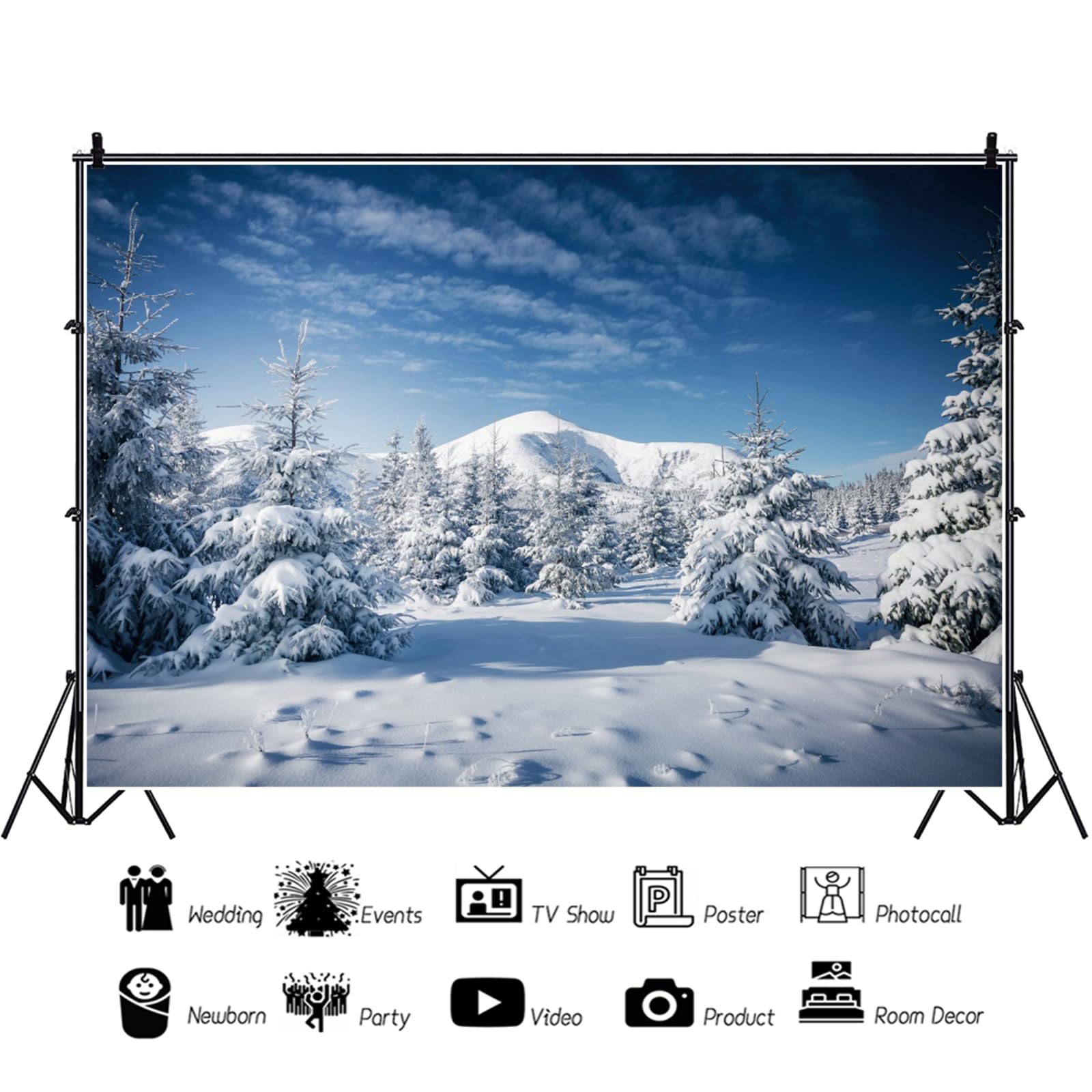 YongFoto 1.5x1m Winter Snow Landscape Photography Backdrop Christmas Tree Mountain Snowy Sky Blue Nature Landscape Christmas Background Family Party Children Portraits Photo Studio Props Vinyl - 3