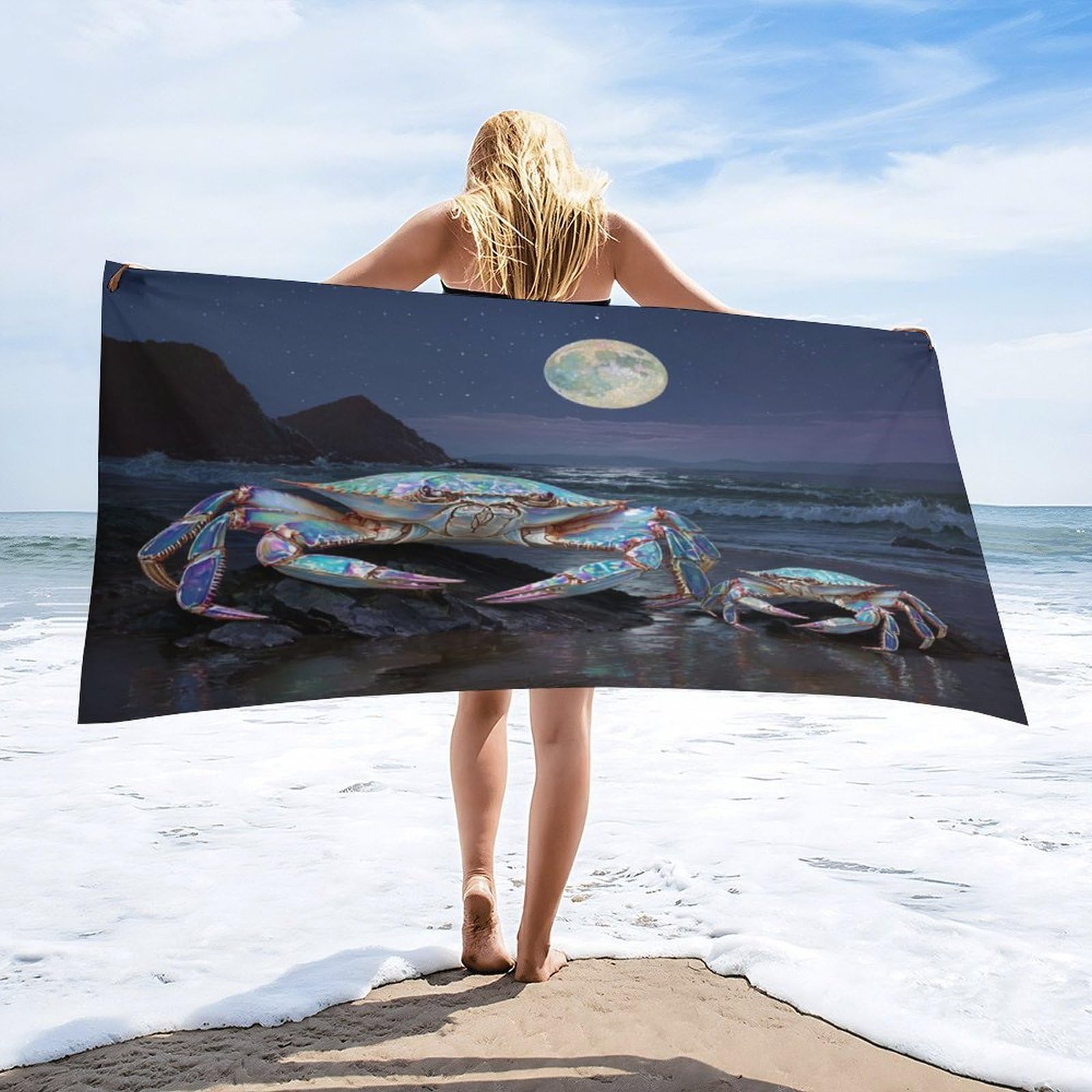 Luyysky Cute Fantasy Animal Crab Quick-Drying Beach Towel, Classic Mid Century Full Moon Galaxy Seaside Beach Sea Life Crab Travel Vacation Single Sided Pile Bathroom Towels-80 W Cm X 160" L Cm