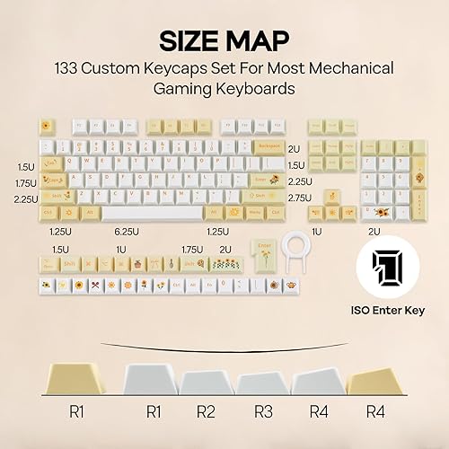 Miniatura 6 de EPOMAKER Teclas PBT de girasol, 133 teclas, perfil de cereza, sublimación de tinte, diseño ISOANSI, 60%75%96%tamaño completo, juego de teclas de