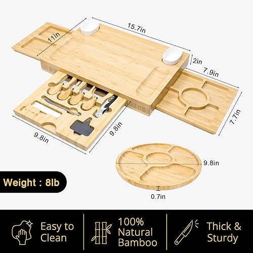 Miniatura 6 de Mosomboo Juego de tabla de queso de bambú de tres cajones y tabla de charcutería grande con bandejas para servir, nuevo hogar único, inauguración de