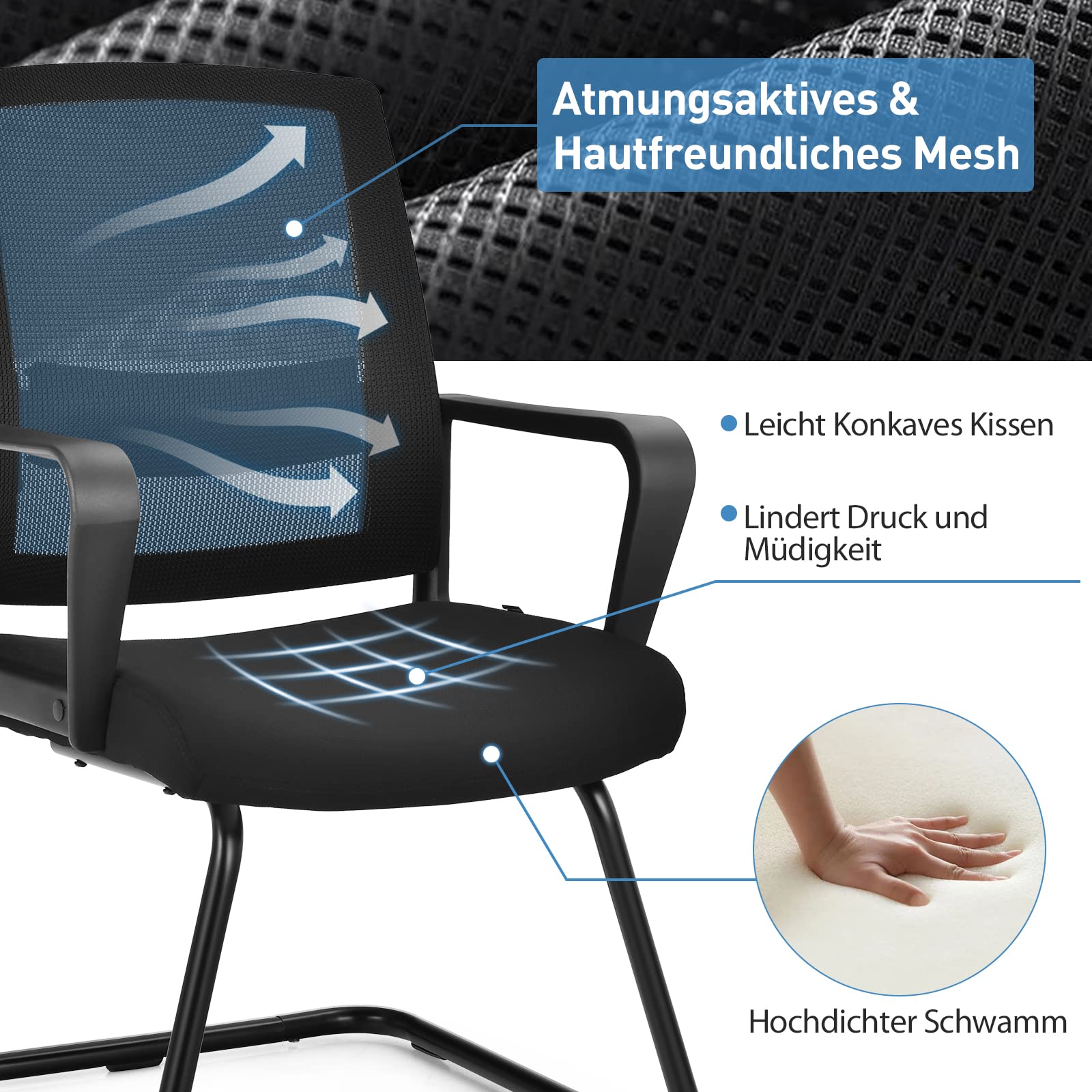 COSTWAY Freischwinger Stuhl, Schwingstuhl mit Armlehne, Konferenzstuhl, Bürostuhl, Computerstuhl bis 136kg belastbar, Besucherstuhl für Büro, Konferenzraum, Arbeitszimmer