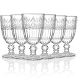 6 Pack Glass Goblet, 12 OZ Vintage Wine Glassware, Romantic Wedding Glass Set, Drinking Stemware Beverage Cups for Party, Bar, Champagne, Juice, Beer, Cocktail, Embossed Design