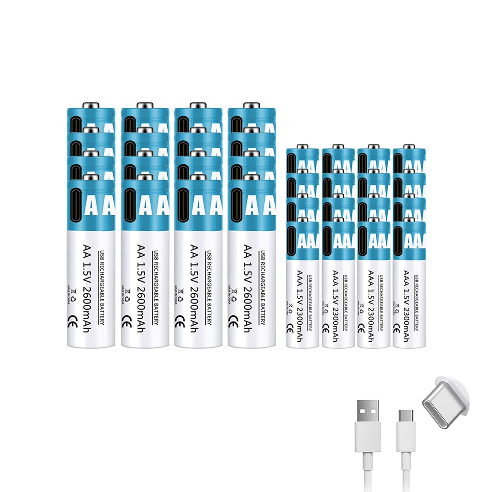 Baterías Recargables AA+AAA 1,5 V 2600 mAh + 2300 mAh batería de Iones de Litio de Alto Rendimiento Carga rápida USB-C (con Cable) para Juguetes/teclados,2600mah+2300mah,16pcs