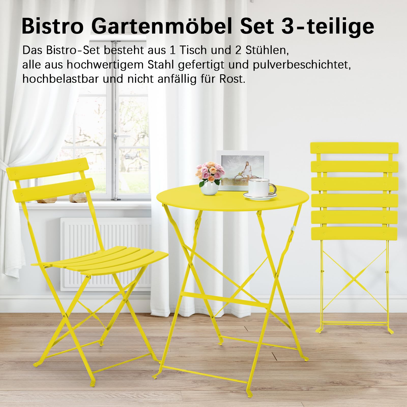 LIFERUN Juego de Muebles de Balcón de 3 Piezas, Bistro Set de Metal con 1 Mesa y 2 Sillas, Resistentes a la Intemperie, Plegables, para Pequeños Balcones, Terrazas y Jardines, Amarillo