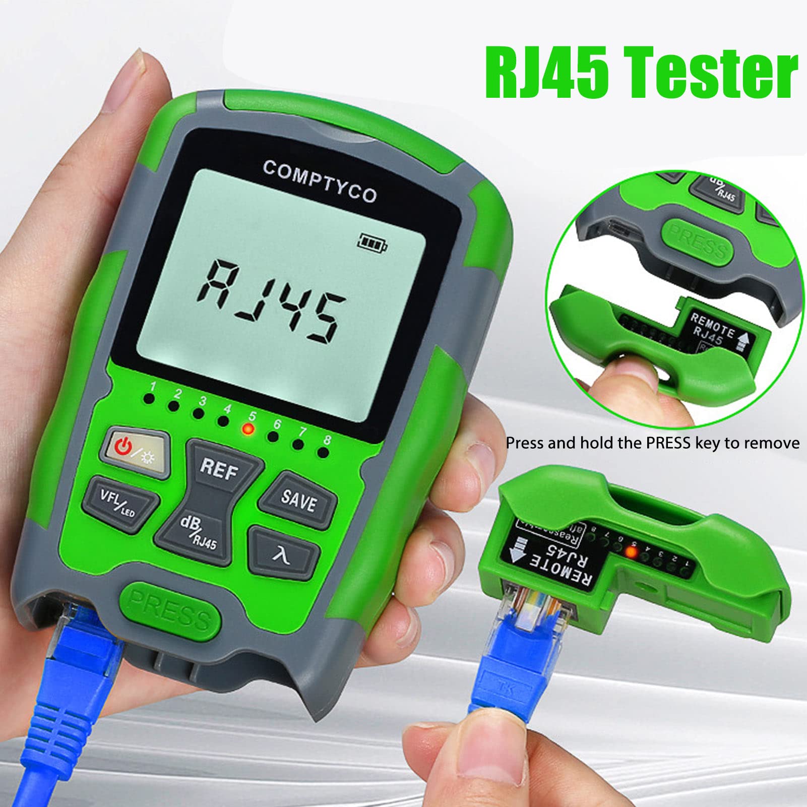 Jectse Optischer Leistungsmesser -70 ~ +10 dBm Glasfaser-Leistungsmesser mit Roter Lichtquelle, RJ45-Netzwerkprüfung, LED-Licht, Wiederaufladbare Batterie