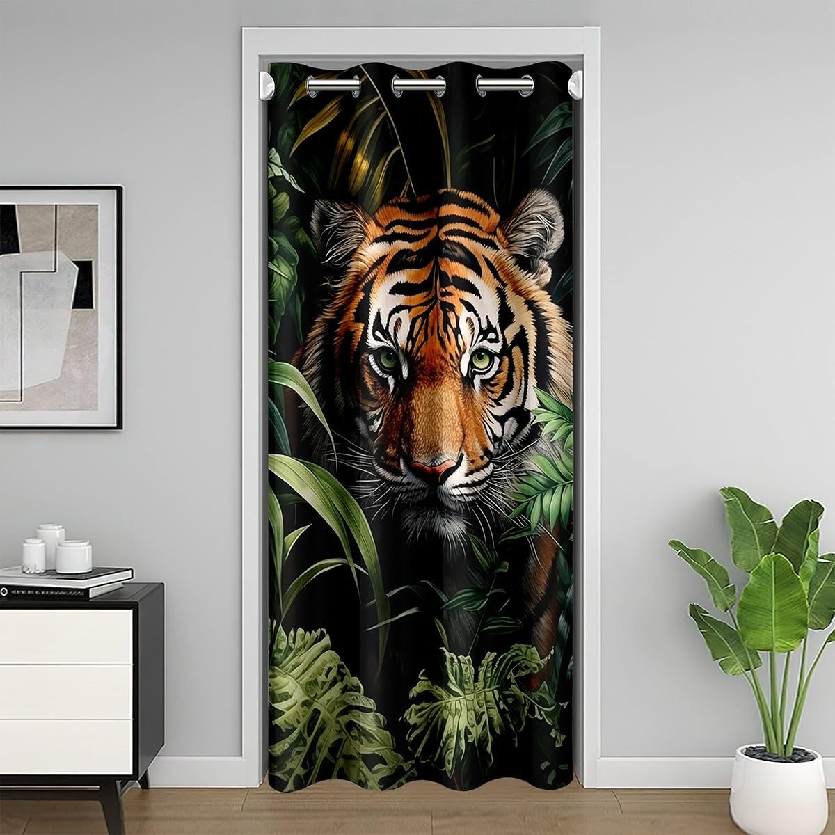 Jungle Tiger Door Curtain 34" W X 80" L Green Tropical Botanical Leaves Doorway Curtain Privacy for Kids Teens Adults Abstract Wild Animal Head Printed Curtain Drape for Bedroom Doors Windows