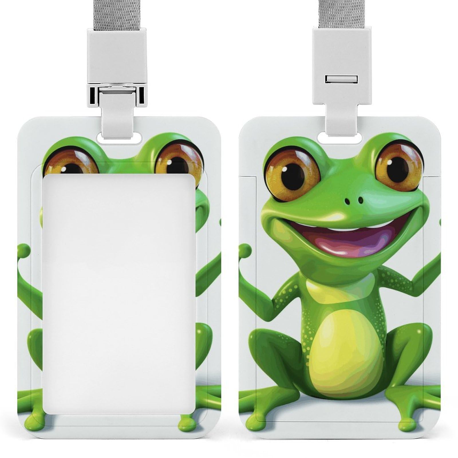 ID Card Holders for Lanyard,Green Frog Printed Badge Holder with Clear Window,Plastic Vertical Bus Pass Holders for Work Teacher Nurse Employees Proximity Key Cards Women Men