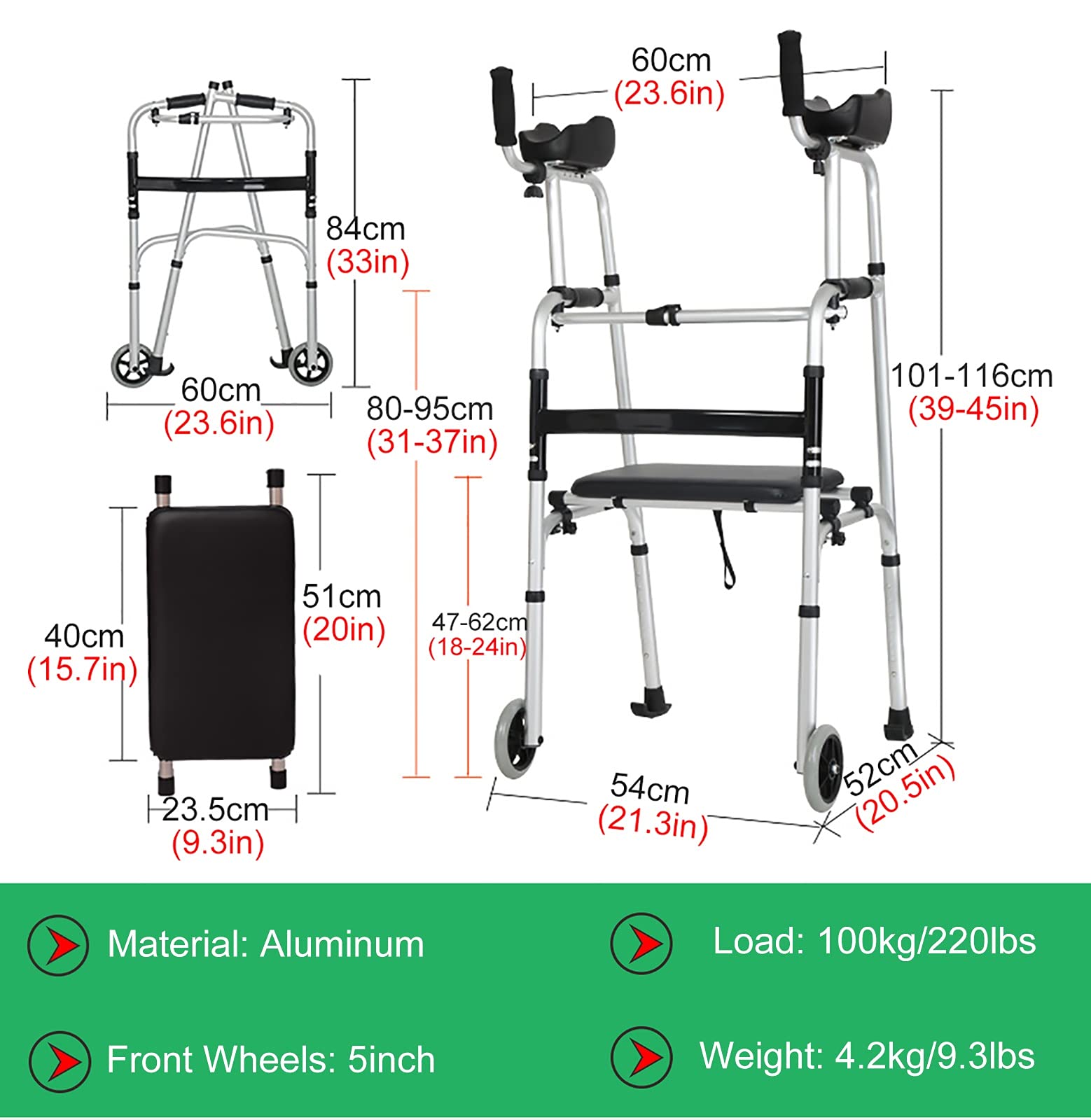 Andador con ruedas con asiento, plegable, ligero, con almohadilla for reposabrazos, andador portátil con ruedas for personas mayores, ayuda for caminar de aluminio de gran potencia